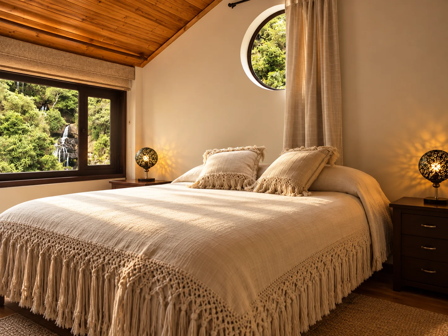 Cabaña Agua Marina: dormitorio con techo de madera, cama con cubrecama tejido y ventana redonda hacia el bosque