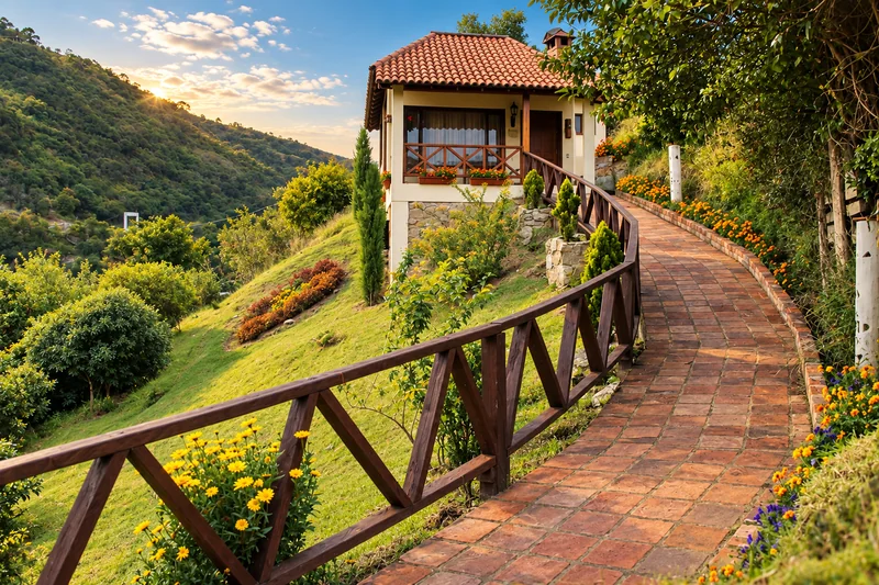 Sendero entre jardines hacia una cabaña