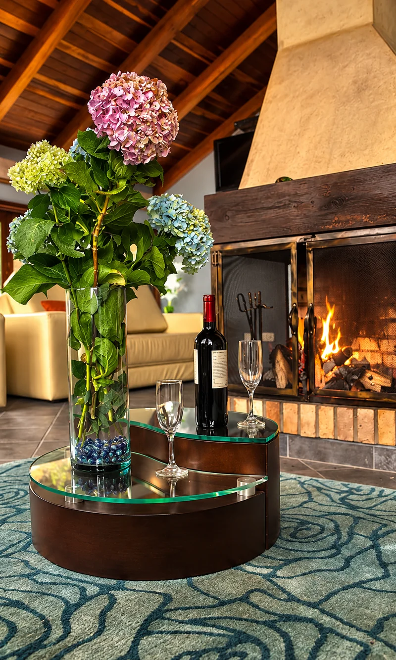 Flores, copas y una botella de vino junto a la chimenea encendida